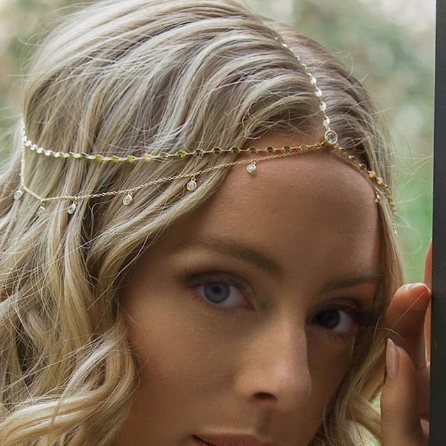 YAOBAMM Bling Bridal Forehead Chain Boho Style Head Chain Rhinestones Pendant Double Layer Elegant Headpiece Bridal Forehead Chain Jewelry Gift Hair Accessory