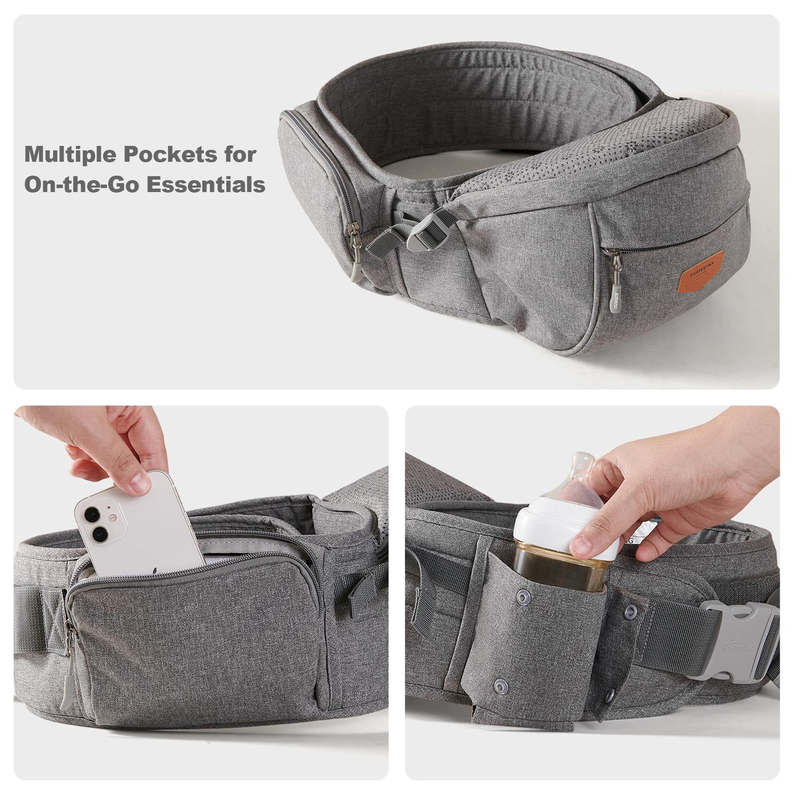Sunveno Ergonomic Hip Baby Carrier with Seat, Adjustable Waistband & Storage Pockets, Newborn to Toddler up to 45 lbs