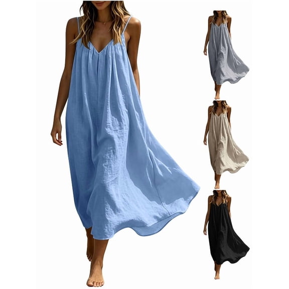 Afuyipoi Womens Cotton Linen Spaghetti Strap V-Neck Loose Maxi Dress, Soft Breathable Solid Color Casual Boho Long Dress, Lightweight Flowy Summer Beach Vacation Dress For Women Black Size M