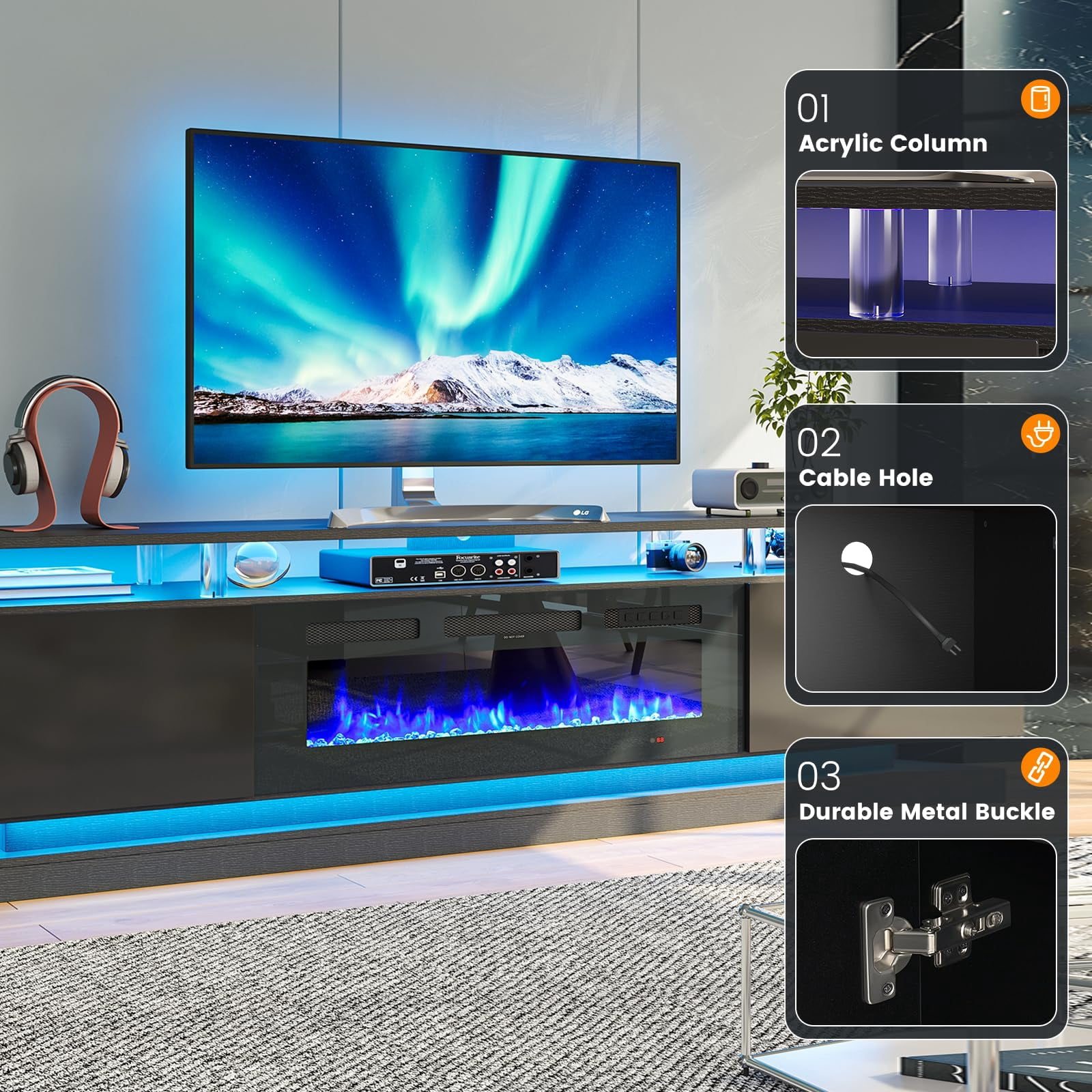 Sunmthink 70" Fireplace TV Stand, Modern Entertainment Center for TVs Up to 80”, TV Console with Storage Cabinets, Media Console for Living Room, Black