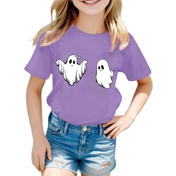 Kid Boys Girls Halloween Shirts Cute Ghost Friends Themed T-Shirt Crew Neck Short Sleeve Fall Outfits (A10-Purple 8-9 Years)