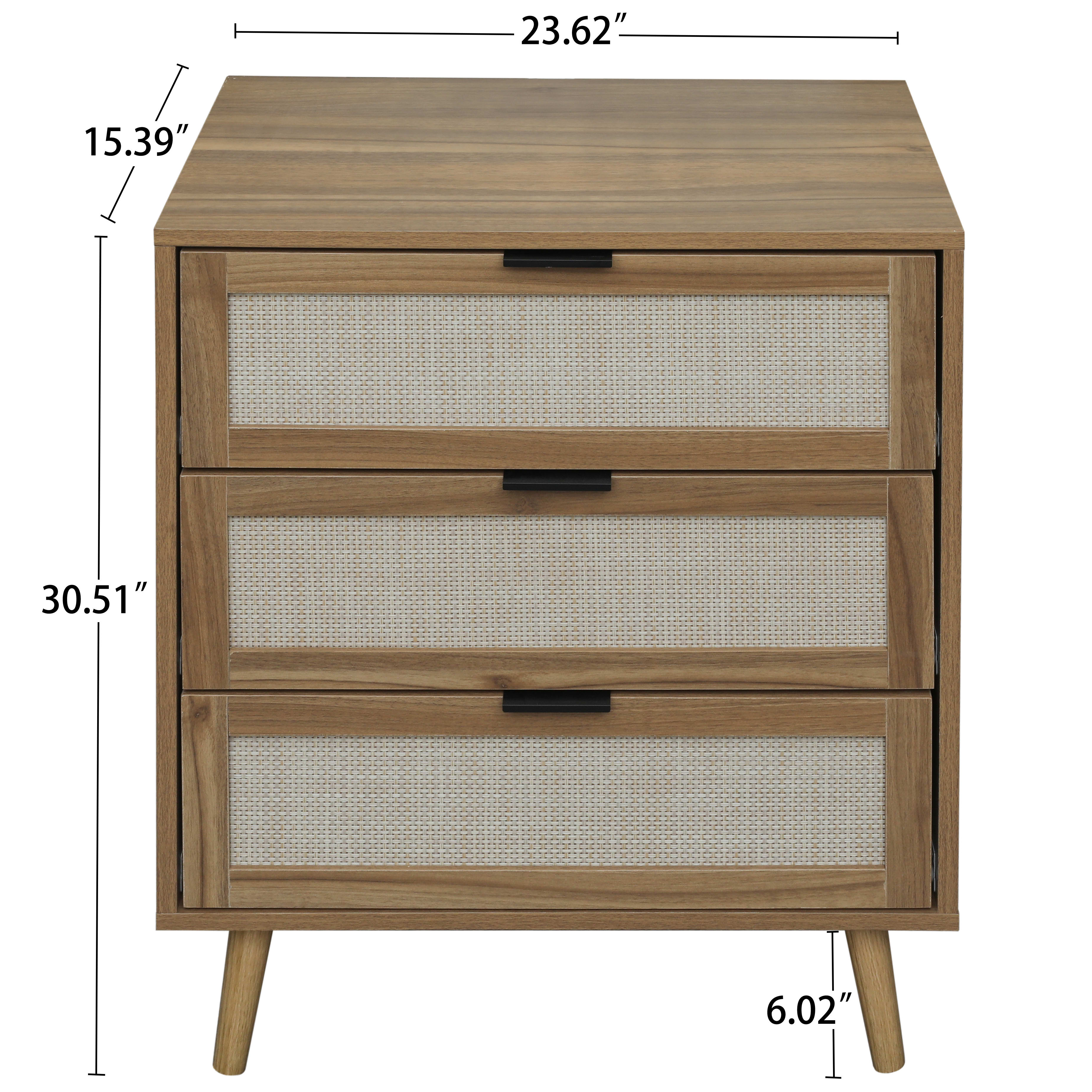 Aukfa 3 Drawer Tall Dresser Nightstand with Rattan Storage Drawer for Bedroom Living Room, Walnut