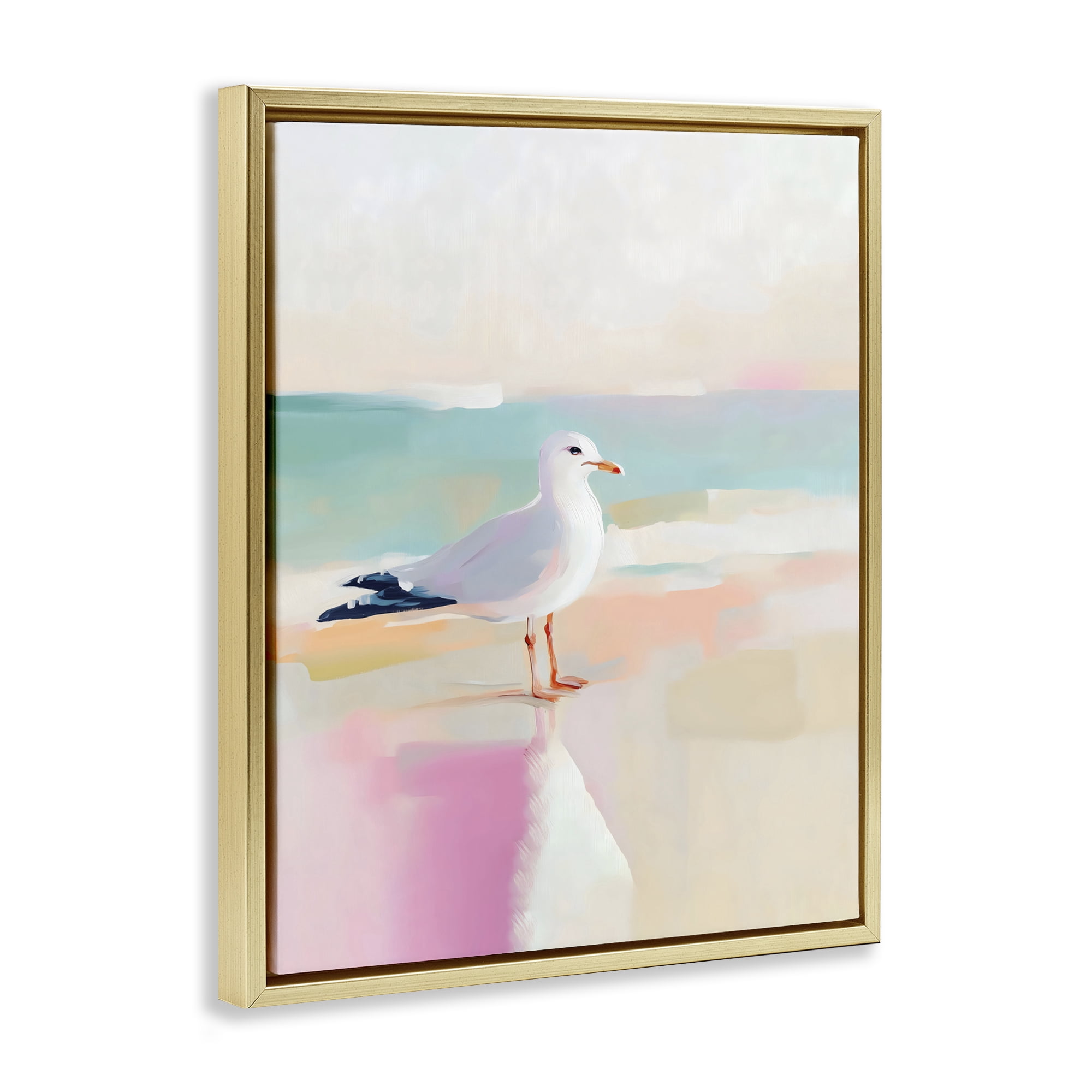 Stupell Industries Seagull Beach Tranquil Reflection Gold Framed Floater Canvas Wall Art, design by The Prints Vibe