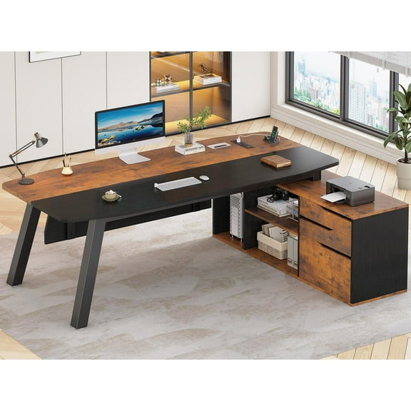 71" Executive Desk with File Cabinet, Large Office Desk with Drawers and Shelves, L Shaped Computer Desk with Power Outlets, Business Furniture Desk Workstation for Home Office, Brown