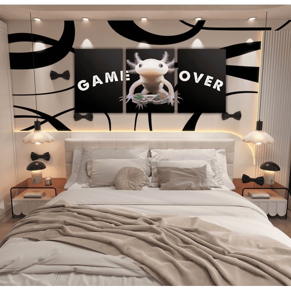 Erosebridal Funny Axolotl Gamer Canvas Wall Art Living Room, Gaming Gamepad Framed Wall Art Set of 3, Game Over Print Wall Decor for Bedroom, Luxury Bedroom Decorative