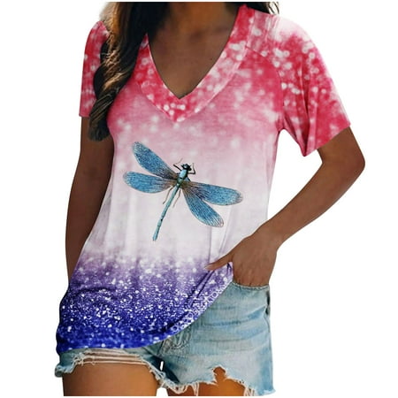 

Tank Top for Women Sexy Tops for Women Trendy Woman Causal V-Neck Printed Blouse Short Sleeve T-Shirt Summer Tops Tshirts Shirts for Women Shirts for Women Clearance Blue S