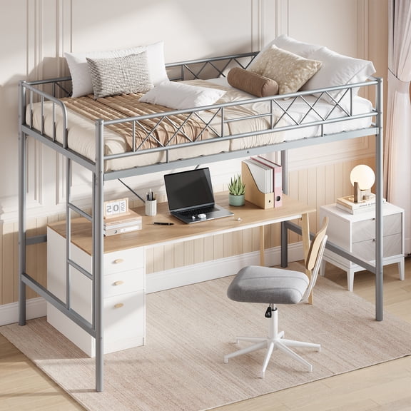 Huisuilinss Twin Loft Bed,Metal Twin Size Loft Bed,Loft Bed Frame With Safety Guardrail & Ladder,Space-Saving Platform (No Box Spring Needed),For Dorm Bedroom
