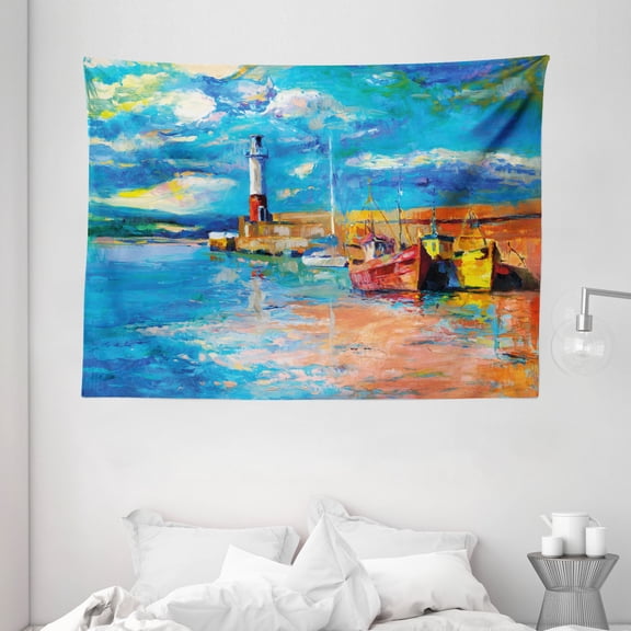 Art Tapestry, Oil Painting Tones Style Lighthouse and Boats on Sea Shore Town Coastal Charm Picture, Wall Hanging for Bedroom Living Room Dorm Decor, 80W X 60L Inches, Multicolor, by Ambesonne