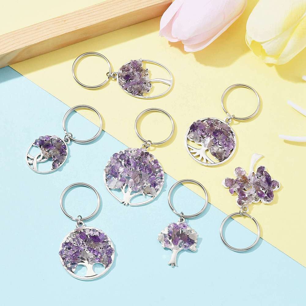 5sets Amethyst Chip & Alloy Tree of Life Keychain with Iron Split Key Rings 5.9~6.8cm