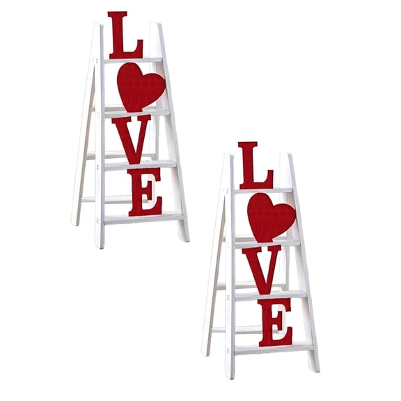 Purowzwe Valentine Ladder Decor Set of 2, Rustic Tabletop & Mantle Decorations with Love Sign, Farmhouse Valentine's Day Home Office Decor for Table, Desk, Shelf Display