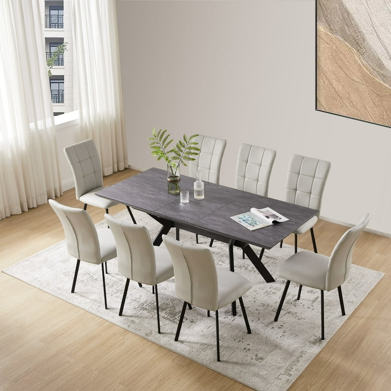 Dining Room Table Set 6 8 Person Kitchen Table and Chairs Modern Extendable Dining Table with 8 Leather Upholstered Dining Chairs