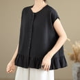 thumbnail image 5 of FRSASU Womens Ruffle Hem Shirts Short Sleeve Peplum Cardigans Crew Neck Button Cotton Linen Tops Black, 5 of 9