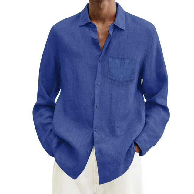 Men's Solid Color Casual Shirt - Long Sleeve Cotton Linen Blend with Pockets for Relaxed Fit