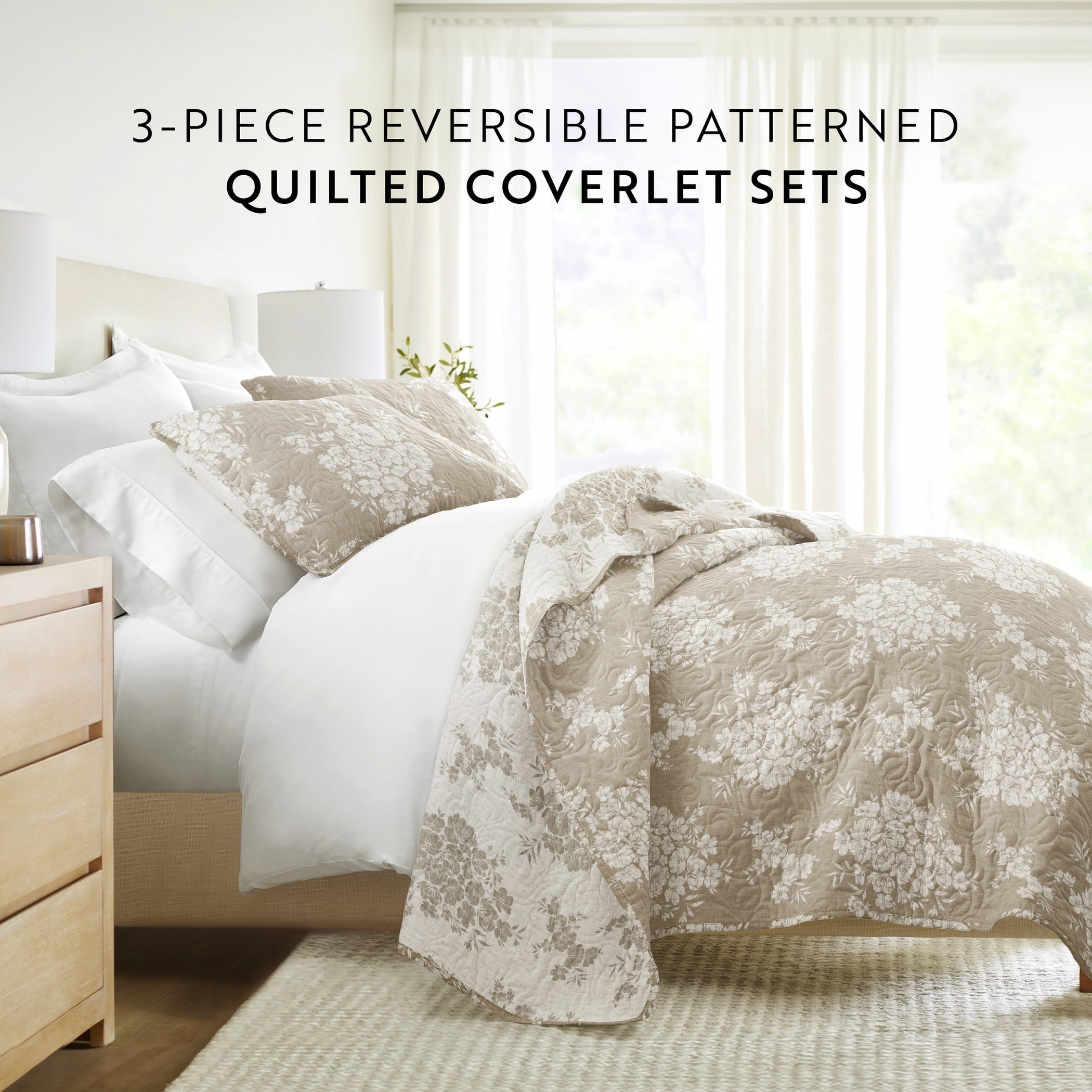 Noble Linens 3-Piece Taupe Distressed Bouquet Reversible Quilt Set, Queen