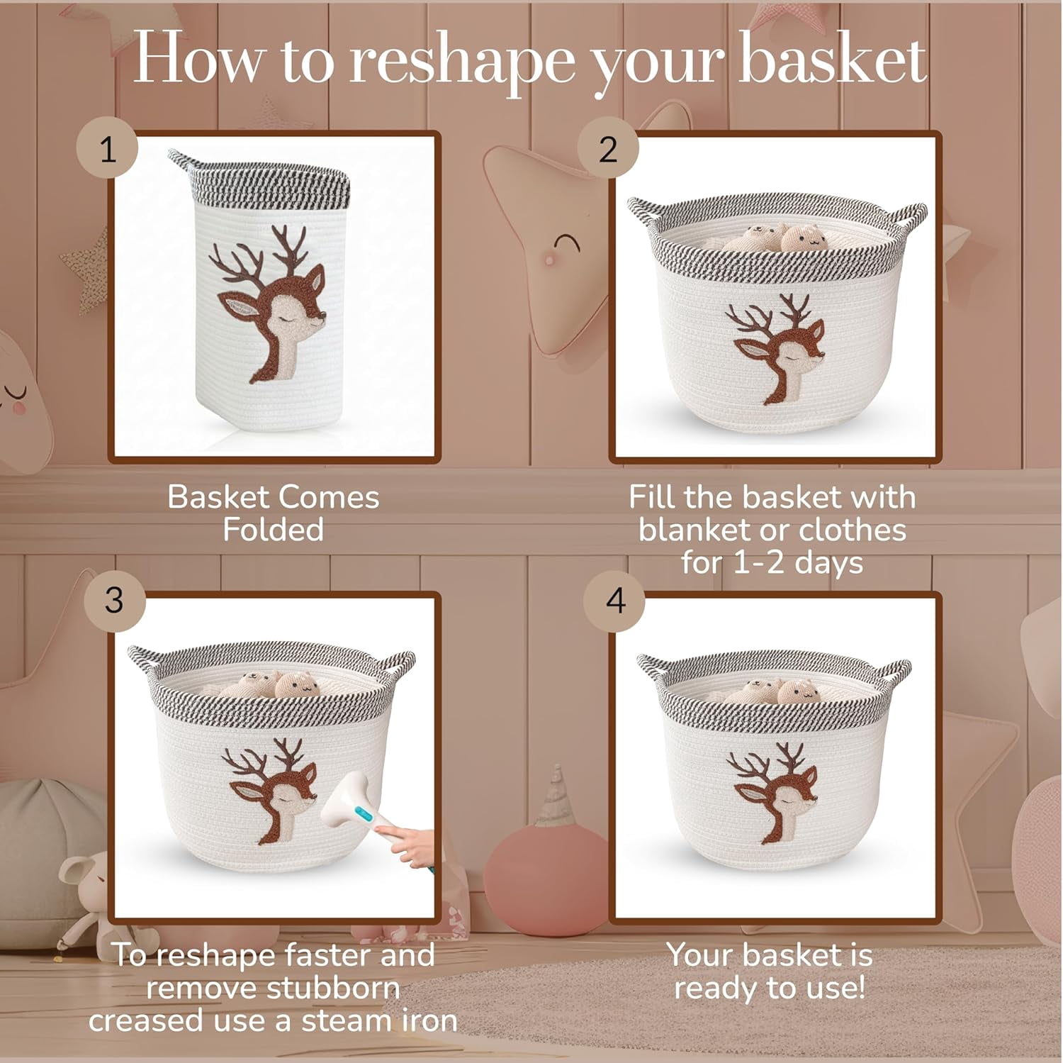 Deer Nursery Storage Basket – Large 15”x11” Cotton Rope Bin with Felt Animal Patch – Baby-Safe Toy Organizer, Laundry Hamper, Diaper & Towel Holder, Foldable & Washable