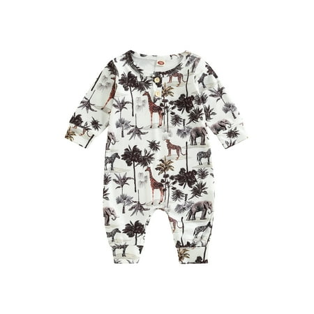 

Qiylii Newborn Baby Fall Romper for Girls Boys Casual Long Sleeve Button Front Tree Animal Print Jumpsuit 0-24M