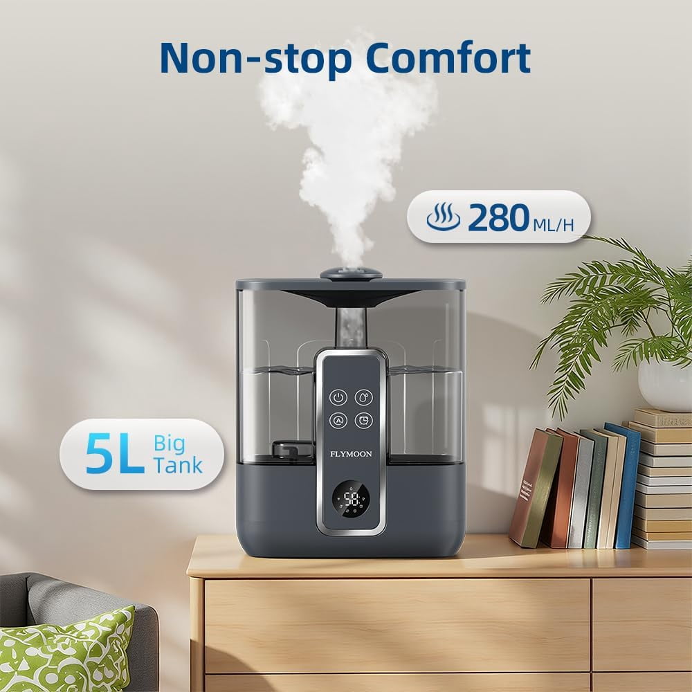 Top Fill Humidifier for Large Room, 5L Cool Mist with App Control, 28dB Quiet, Auto-Off & Timer for Bedroom Office