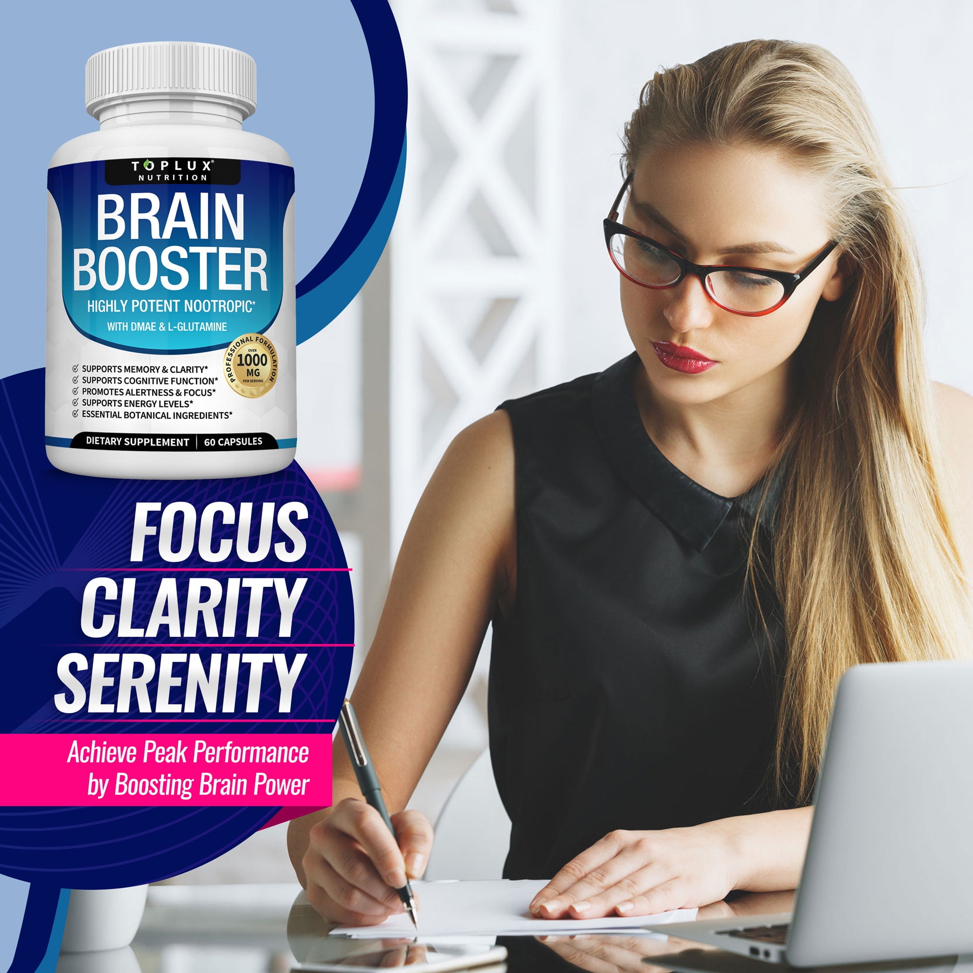 Toplux Brain Booster Nootropic Supplement Support Memory, Focus & Clarity  DMAE For Mind 60 Capsules 