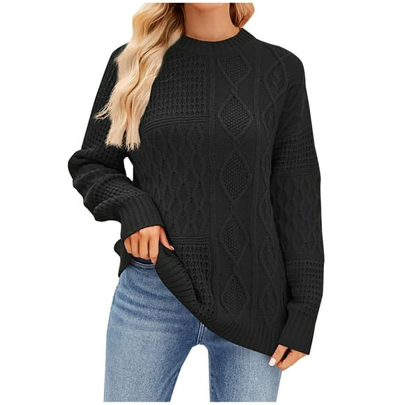 QUYUON Knit Sweaters for Women Womens Sweater Casual Long Sleeve Crew Neck Pullover Sweaters Knit Jumper Tops Winter Warm Cable Knit Sweaters Fall Knitted Sweatshirts Black S