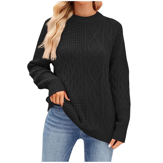 QUYUON Chandails à Col Roulé pour Femmes Chandail pour Femmes Décontracté à Manches Longues Col Ras du Cou Chandails à Enfiler Hauts en Tricot Chandail d'Hiver Chaud en Tricot Torsadé Chandails d'Automne en Tricot Chandails Noirs TG
