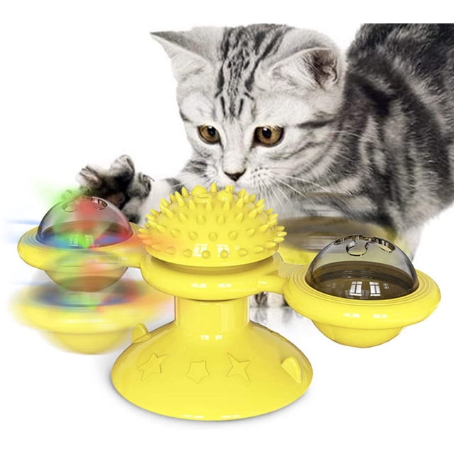 Interactive Cat Toy Rotating Windmill Teasing Scratching Tickling Hairbrush, Chew Toy with Twinkle Ball Catnip