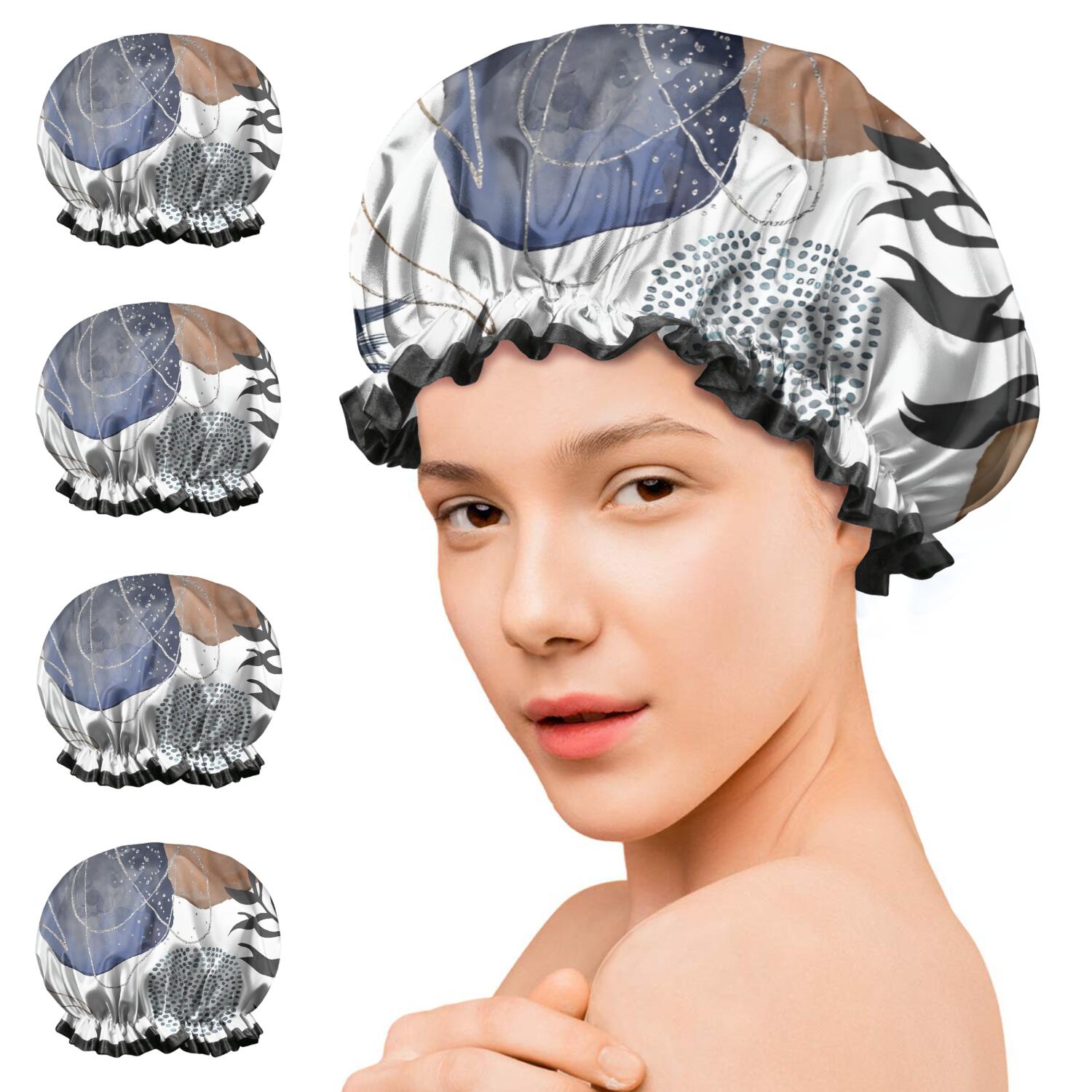 Shower Caps,Blue Boho Abstract and Plant Pattern Waterproof Shower Cap for Women 4 Pieces,Double Reusable Hair Cover for Shower PEVA Elastic Stretch Hem