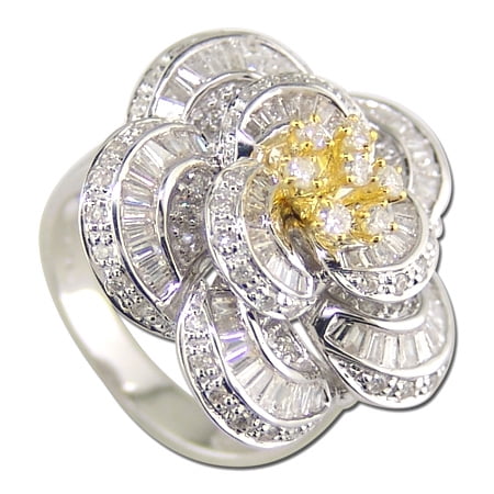 18K White Gold 1.52ct Lotus Flower & Baguette Diamond Womens Cluster Ring