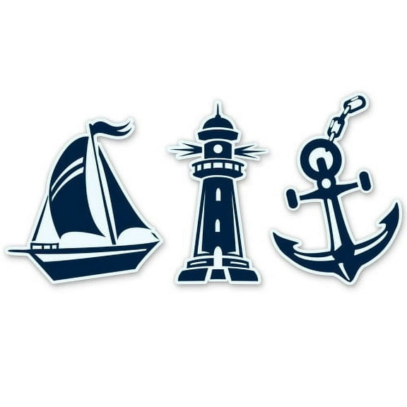 Nautical Set Sailboat Anchor Lighthouse - 3" Vinyl Sticker - For Car Laptop I-Pad Phone Helmet Hard Hat - Waterproof Decal