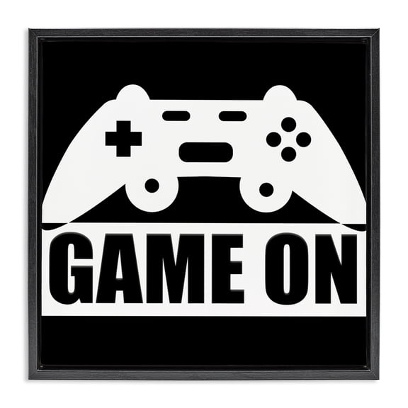 Stupell Industries Contemporary Game On Retro Black & White Black Floating Frame Canvas Art, 18 x 18, by Kim Allen