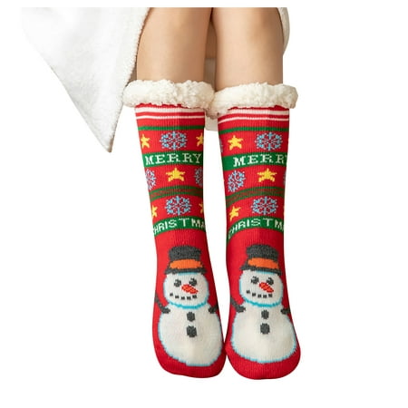 

QWERTYU Christmas Fluffy Thick Slipper Socks Warm Cozy Soft Non Slip Fuzzy Socks for Women One Size Red