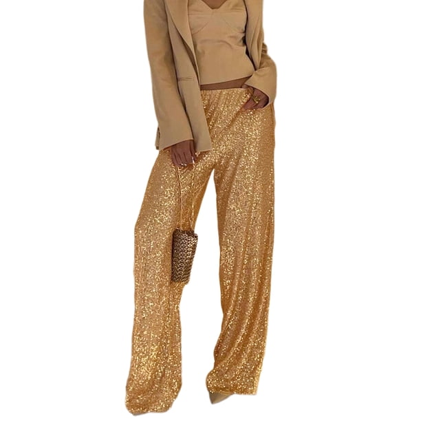 Pantalones Pantalones sueltos con purpurina para mujer, pantalones largos con lentejuelas brillantes, pantalones de pierna larga para fiesta Ygjytge Oro L para Mujer
