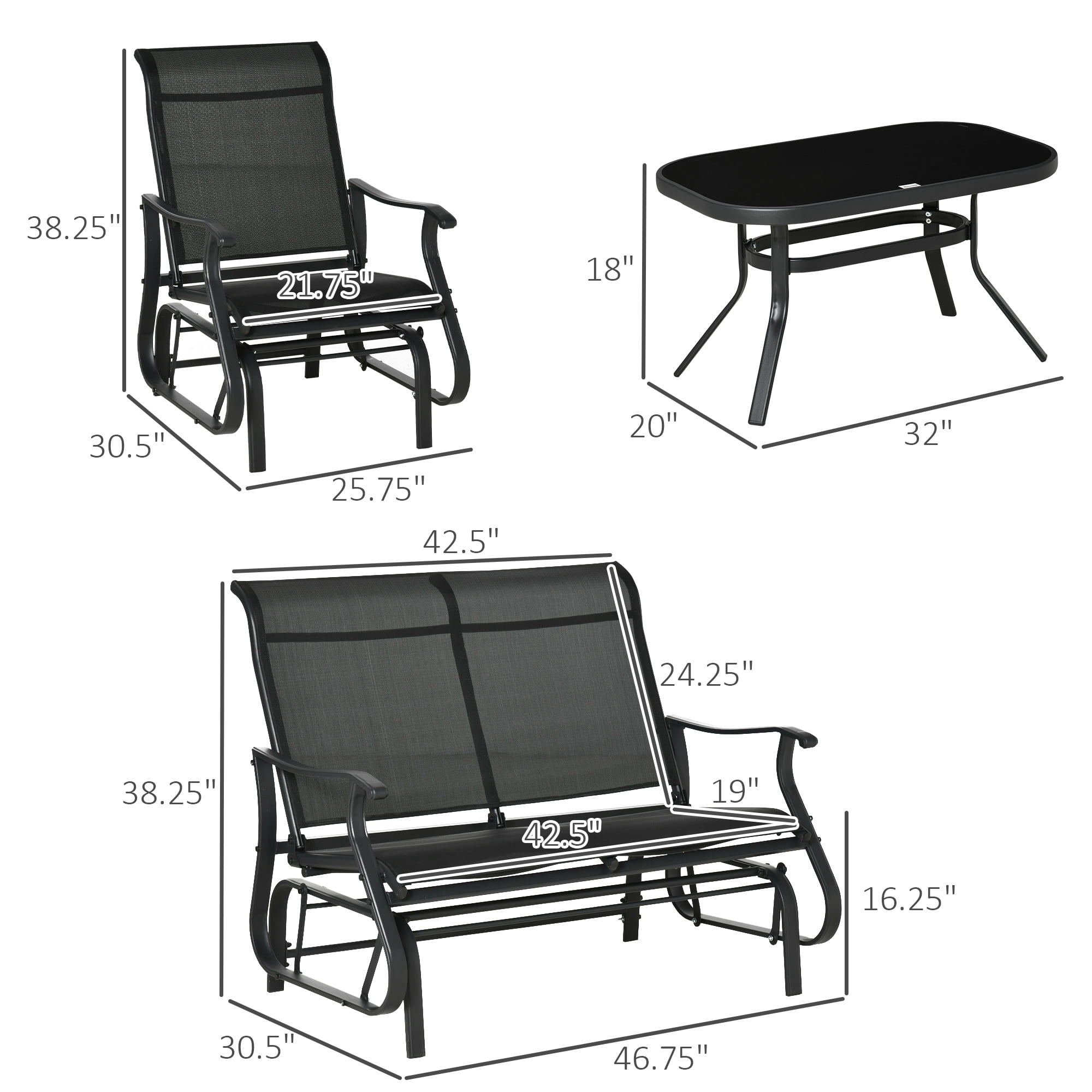 Outsunny 4 Pieces Gliders Set, Outdoor Furniture Sets with 2-Person Glider Patio Bench, Single Sling Chair and Glass Coffee Table, Black