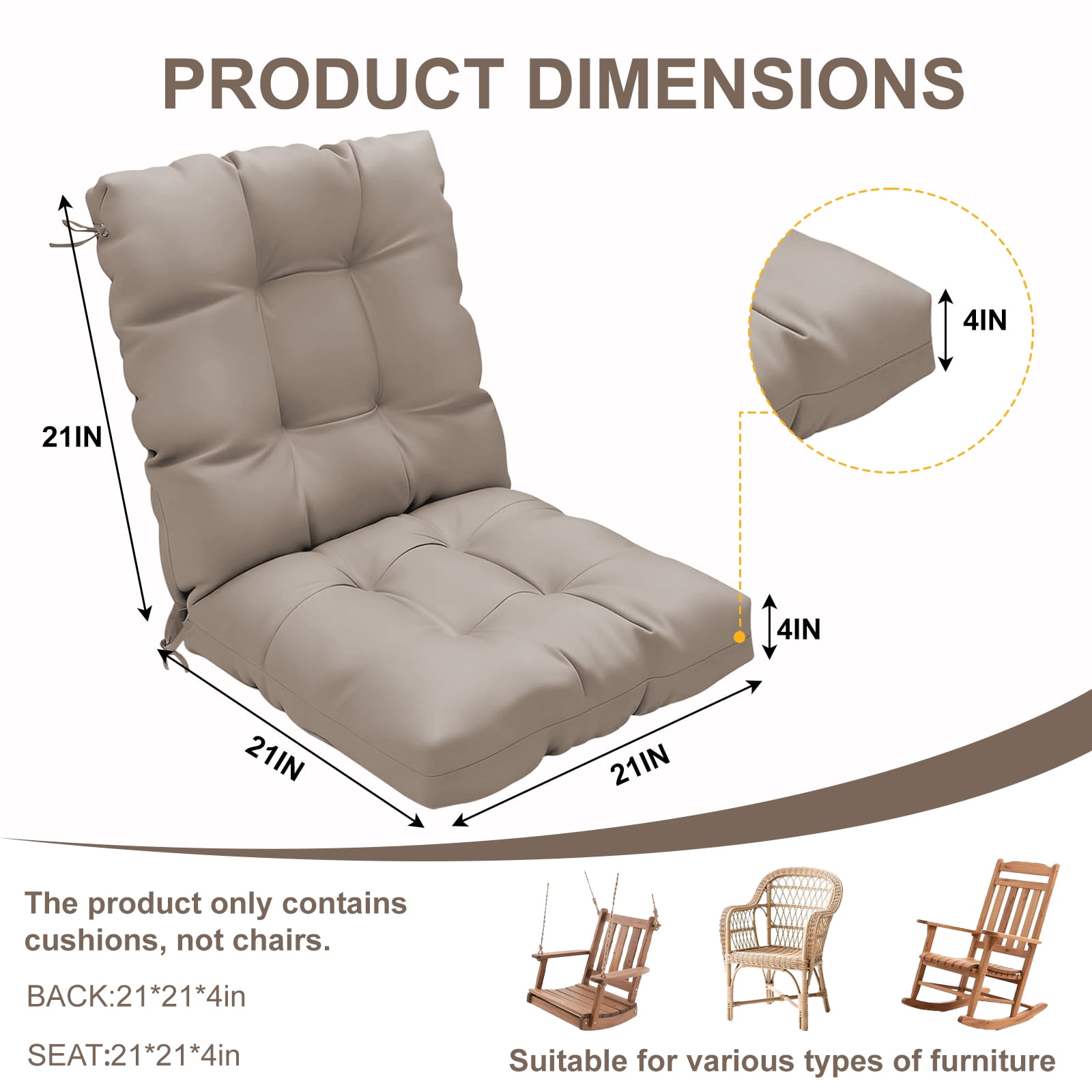 2-Pack 42"x21"x4" Outdoor Chair Cushions, High Back Soft Seat Pad with Ties, Fade-Resistant & Waterproof for Patio Dining/Rocking Chairs, Indoor/Outdoor Use,Khaki