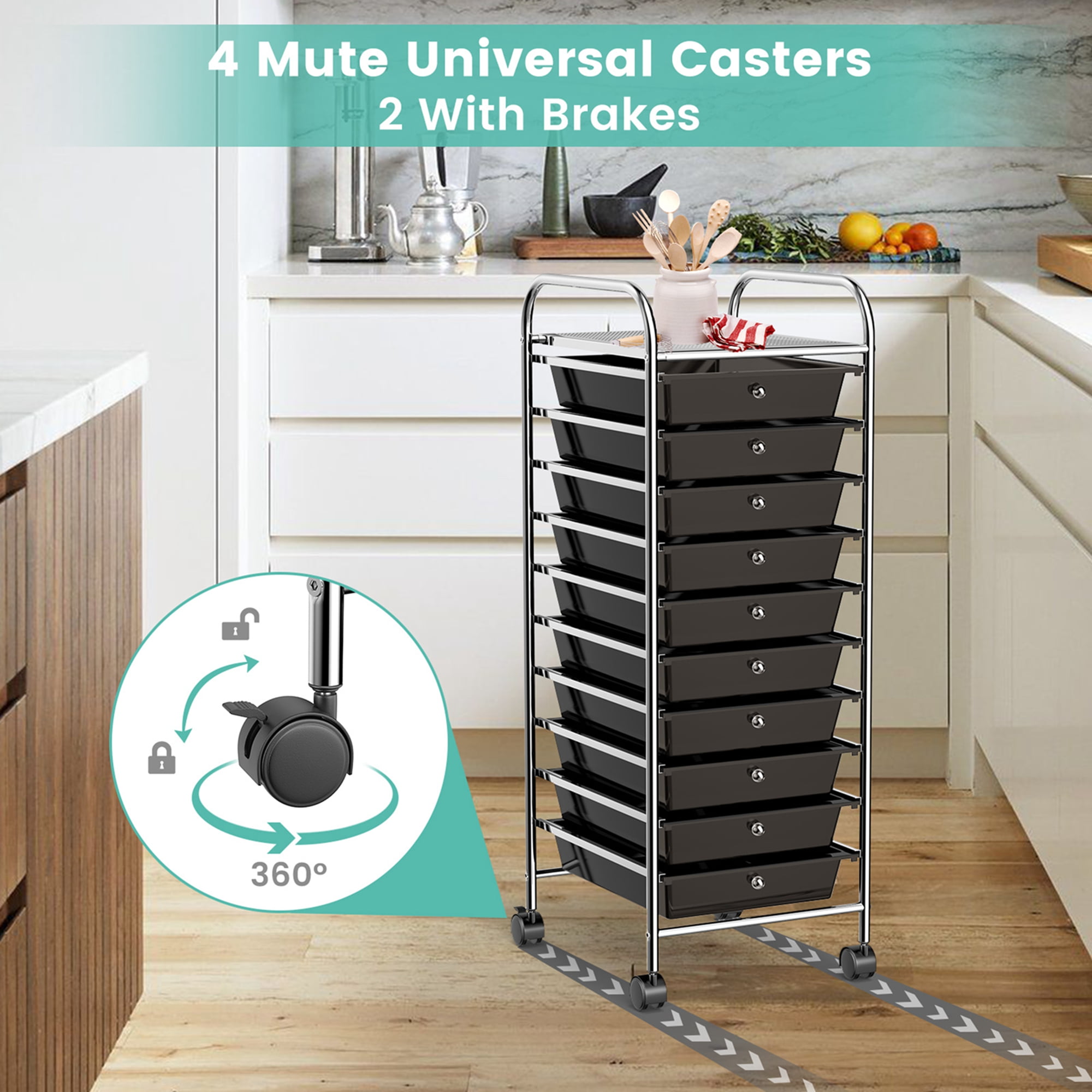 10 Drawer Rolling Storage Cart Organizer with 4 Universal Casters - Costway