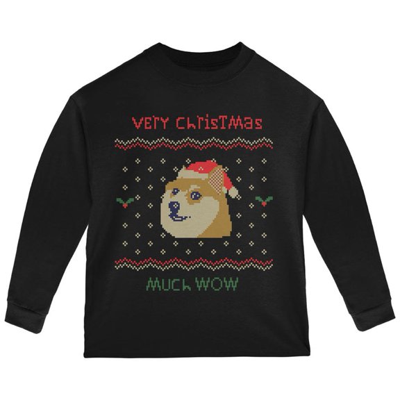 Doge Ugly Christmas Sweater Black Toddler Long Sleeve T-Shirt