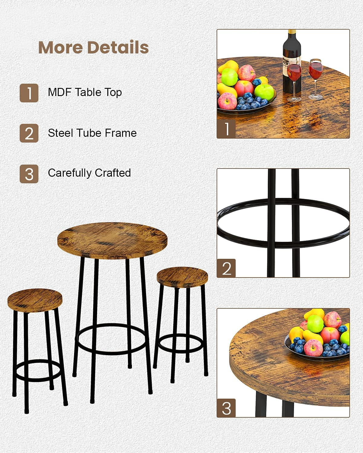 Cvortll 3 Piece Pub Dining Set, Modern Round bar Table and Stools for 2 Kitchen Counter Height Wood Top Bistro Easy Assemble for Breakfast Nook Living Room Small Space Restaurant, Rustic Brown