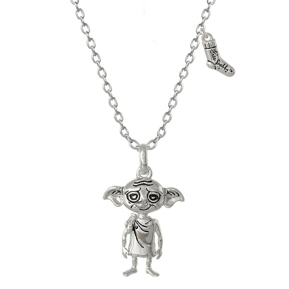 Harry Potter Silver Plated Dobby House Elf and Sock Charm 18" Necklace, Officially Licensed