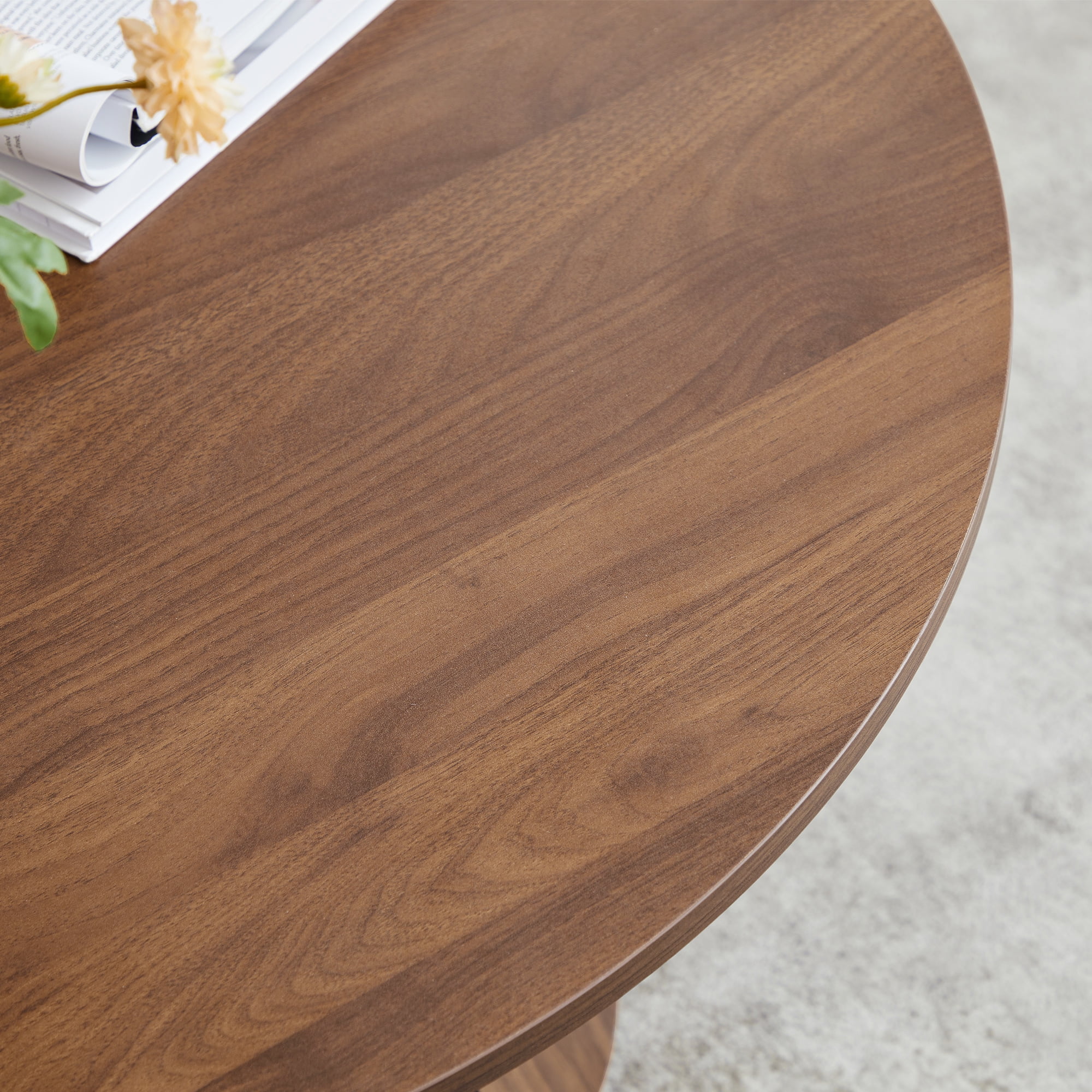 YOCWO 31.5" Small Round Coffee Table for Small Apartment Living Room, Modern Walnut Coffee Table with Petal Base