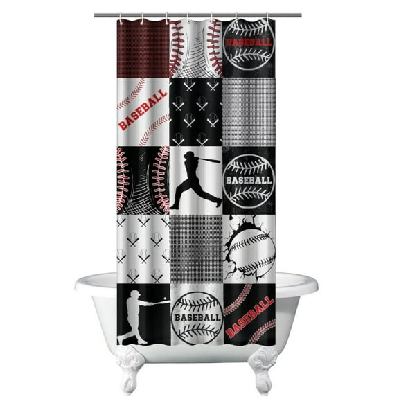 Sports Shower Curtain, Baseball Football Soccer Basketball Print Waterproof Bathroom Curtain for Kids Boys Teens 36x72 Inch with 12 Hooks