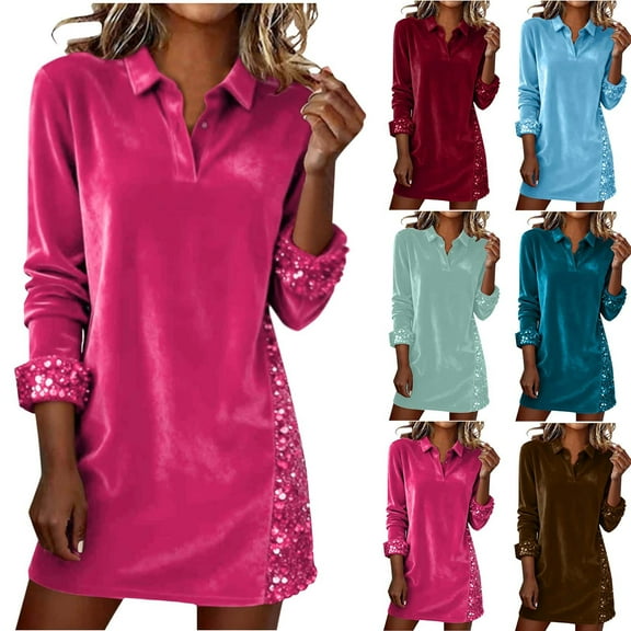 Qetyuw Women's Sparkly Glitter Sequin Velvet Dress Lapel Long Sleeve Night Out Club Cocktail Party Mini Dresses for Women