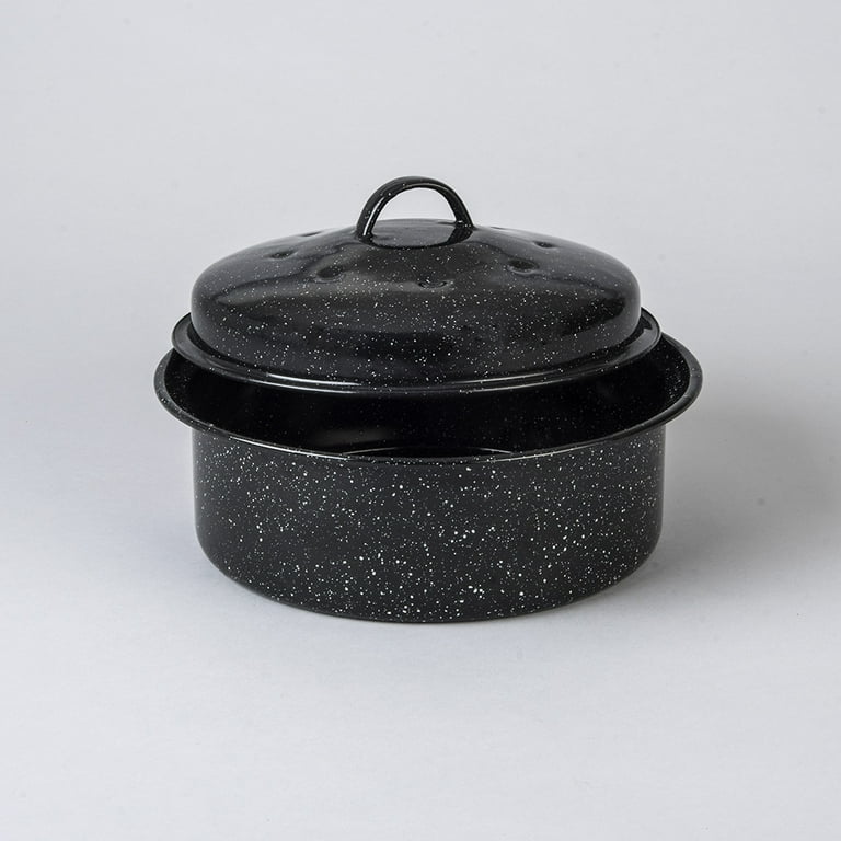 Granite Ware Roasting Set Covered Oval Roaster 13 in and 15 in Round Roaster 3 lb. Speckled Black Enamelware Roasting Pan great for Grilling