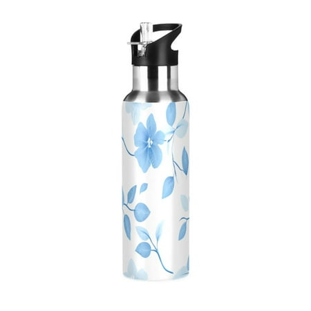 

Water Bottles 20oz Straw Lid Wide Mouth Stainless Steel for School Sport Travel Blue Flower and Leaf