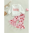 thumbnail image 2 of Bagilaanoe 2Pcs Toddler Baby Girl Valentine's Day Outfits Letter Print Long Sleeve Sweatshirts Tops + Heart Print Flare Trousers 6M 12M 18M 24M 3T 4T Kids Long Pants Set, 2 of 8