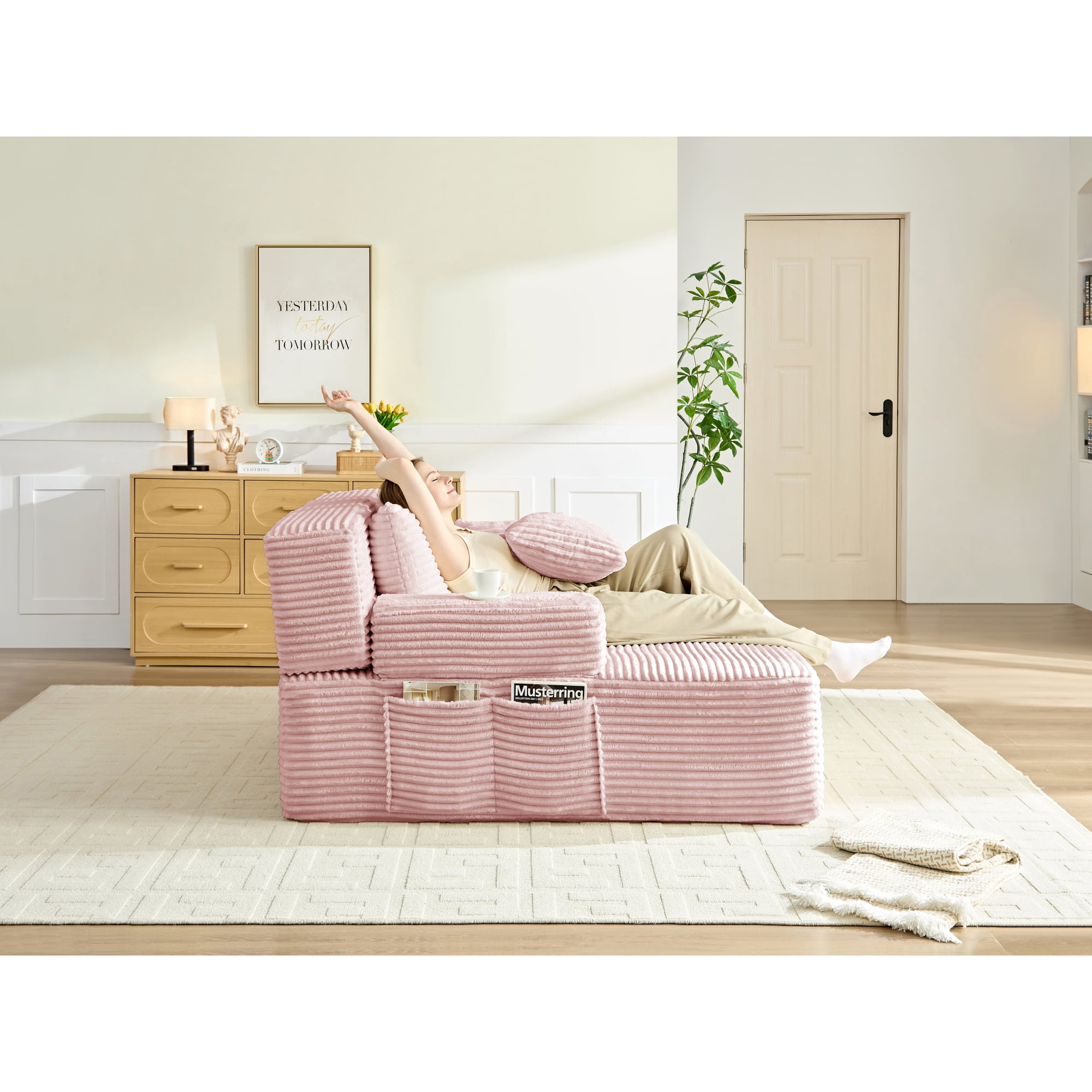 Leumius 70.8" Chaise Lounge Chair Indoor,Oversized Boneless Lounge Chair with Adjustable Backrest & Storage Pocket,Cloud Reading Chair for Living Room Bedroom, No Assembly Required,Pink