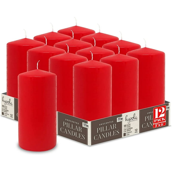 Hyoola 3 x 6 Red Unscented European Made Pillar Candles, Dripless Paraffin Wax with Smokeless Cotton Wicks, 12-Pack