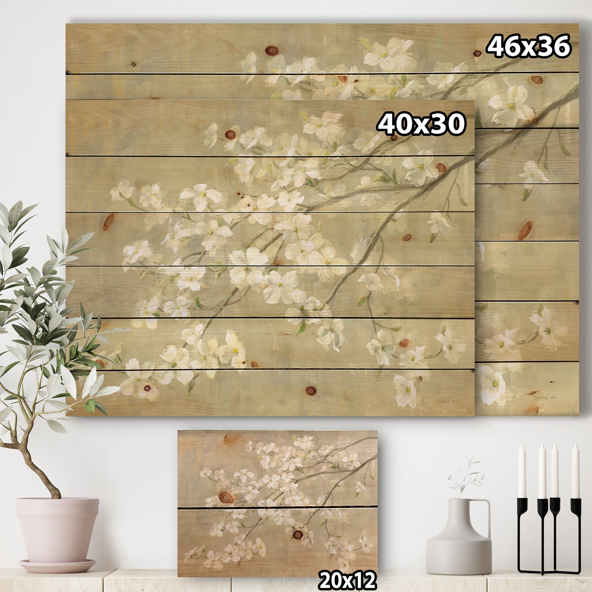 Designart 'Dogwood in Spring Neutral' Farmhouse Print on Natural Pine Wood
