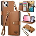 thumbnail image 1 of Mantto Zipper Wallet for iPhone 14 Plus,Durable PU Leather Heart Pattern Magnetic Clasp Folio RFID Blocking Credit Card Slots Flip Kickstand Shockproof Purse Phone Case with Wrist Strap,Brown, 1 of 10