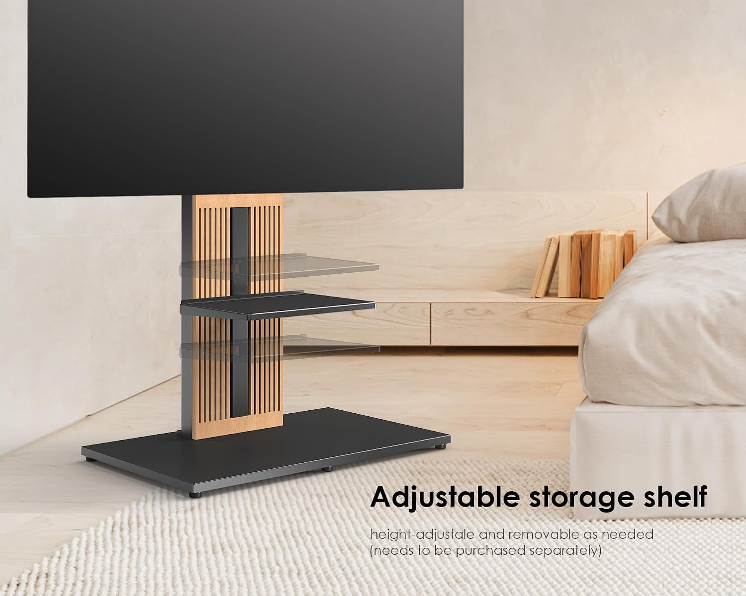 FITUEYES Zen Series Floor TV Stand for 55–88 Inch TVs, Black & Light Wood, Hidden Storage
