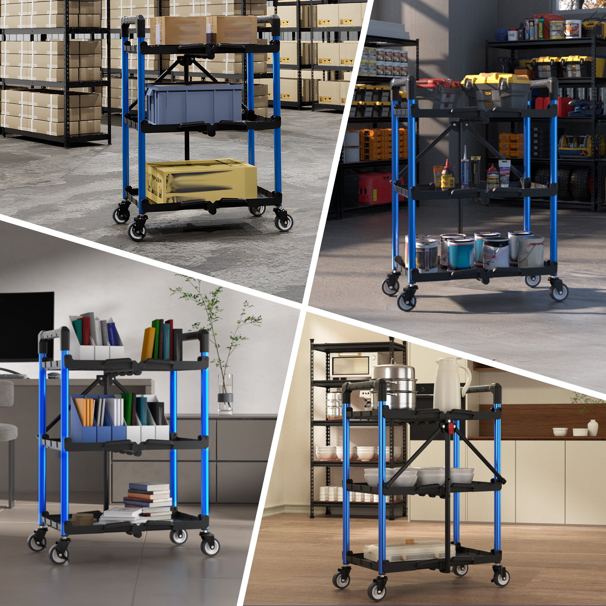 WORKPRO 3-Tier Folding Collapsible Service Cart with Wheels, 210 Lbs Loading Capacity, Foldable Rolling Utility Cart for Garage, Warehouse, Home, Restaurant, Office