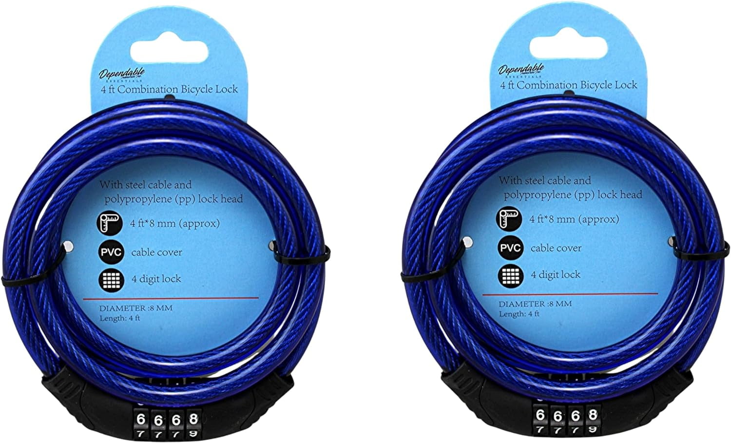 2 Pack 4 Ft Combination Bike Lock Cable 8mm Steel Bicycle Security Lock with Resettable 4 Digit Code PVC Coated for Bikes Scooters Grills Patio Furniture Blue
